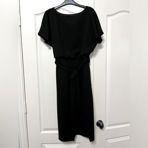 Kenzie boat neck short sleeve tie belt, fully lined below knee dress